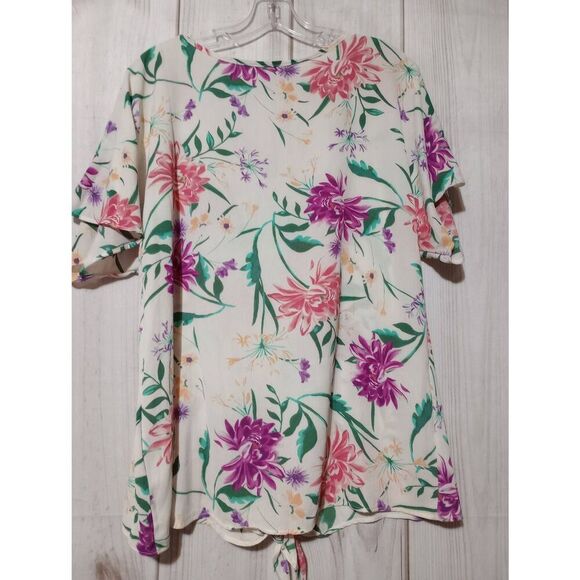 Andree Shirt Ladies Medium Ivory Purple Floral Short Sleeve Semi Sheer - Picture 2 of 7